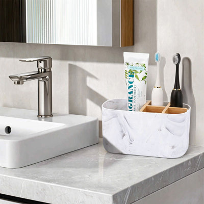 Porte-brosse à dents en bambou, organisateur de comptoir de salle de bain à 5 fentes pour brosses à dents, dentifrice, rasoirs et cosmétiques, finition marbre