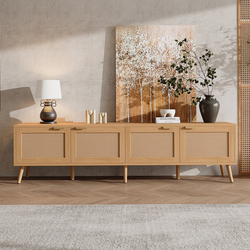 Meuble télé avec portes en rotin pour téléviseur de 80 po ou moins, console multimédia avec trous pour câbles, centre de divertissement pour le salon