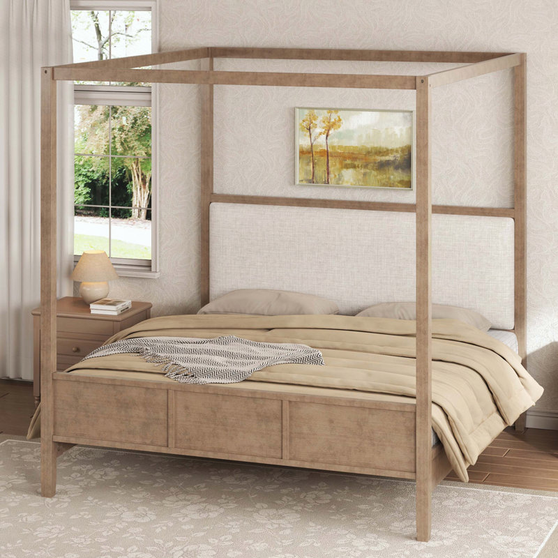Grand lit plateforme à baldaquin en bois avec tête de lit tapissier, Grand lit, Noyer naturel