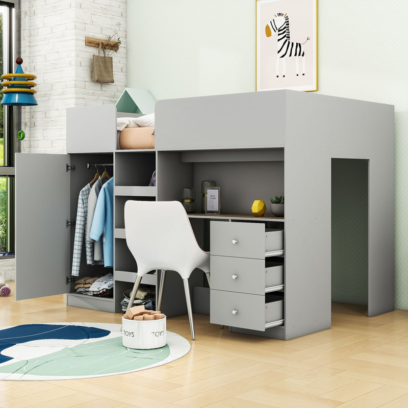 Lit mezzanine double en bois avec garde-robe, bureau, 3 tiroirs et tablettes de rangement