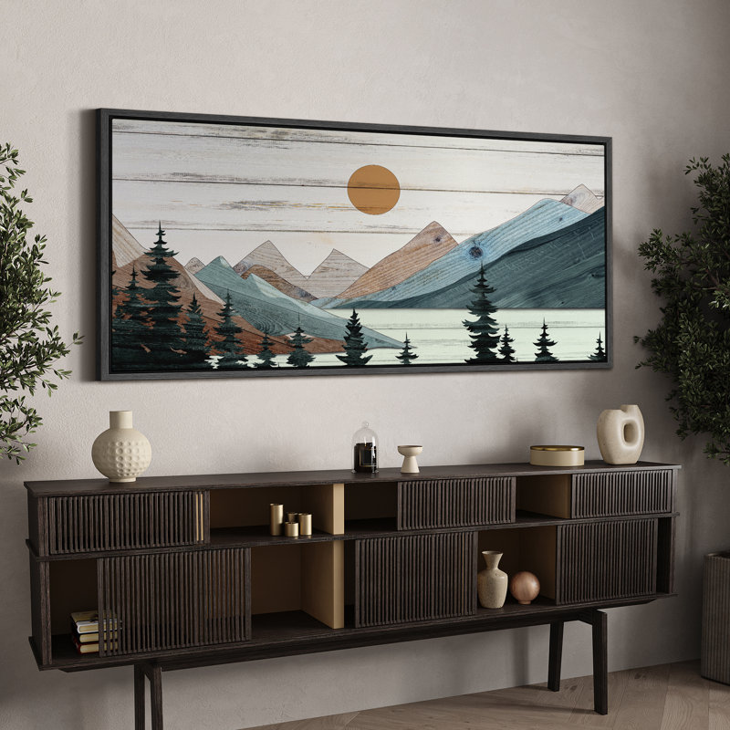 «Western Wood Effect Landscape Tranquil Wood Effect Mountain Sunset», reproduction sur toile, H 30 po x l 60 po, Noir