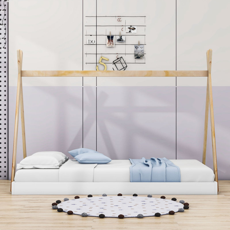 Julieta Twin Size Wood Platform Bed with Triangle Structure, White Natural