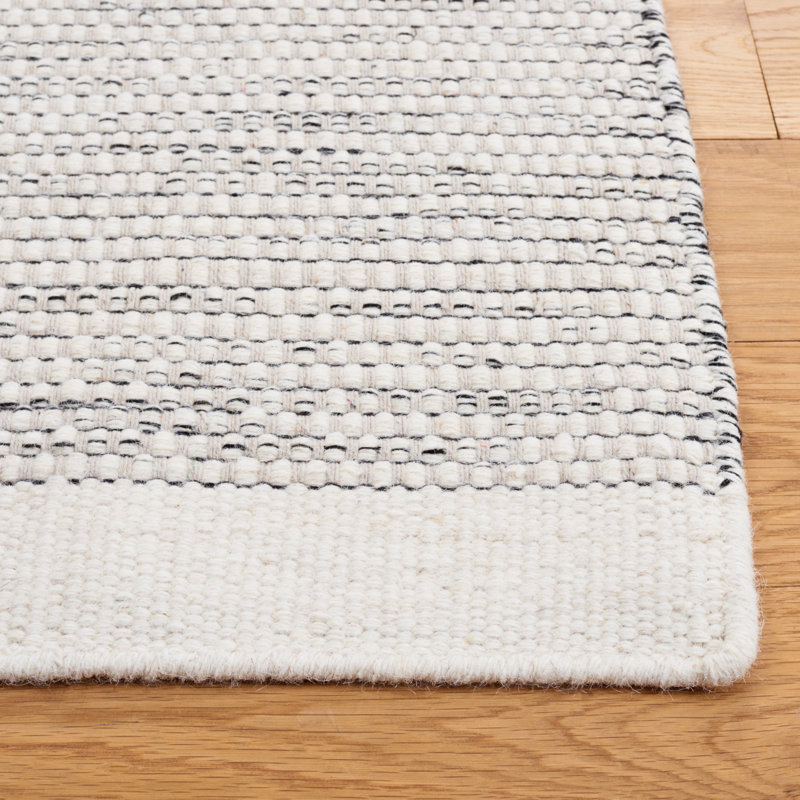 Tapis de couleur unie en laine / coton tissé à la main Tohei en ivoire / noir, Rectangle 5 pi x 8 pi