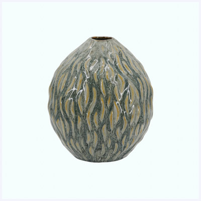 8.5" x 9.8" Marbled Ceramic Vase, Amber & Charcoal Gray Decorative Teardrop Urn
