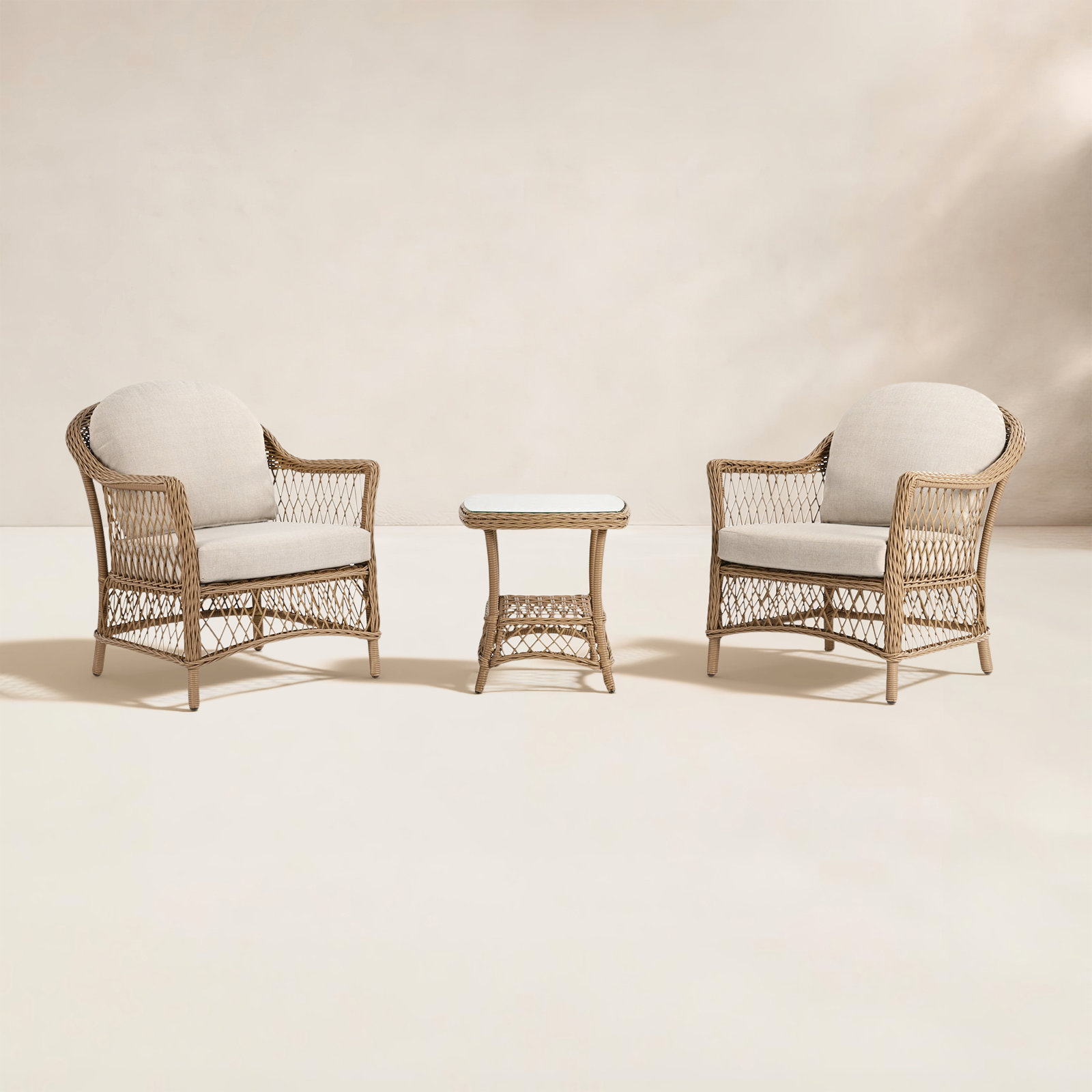 Kyla 3-Piece Wicker Patio Conversation Set With Side Table And Beige Cushions