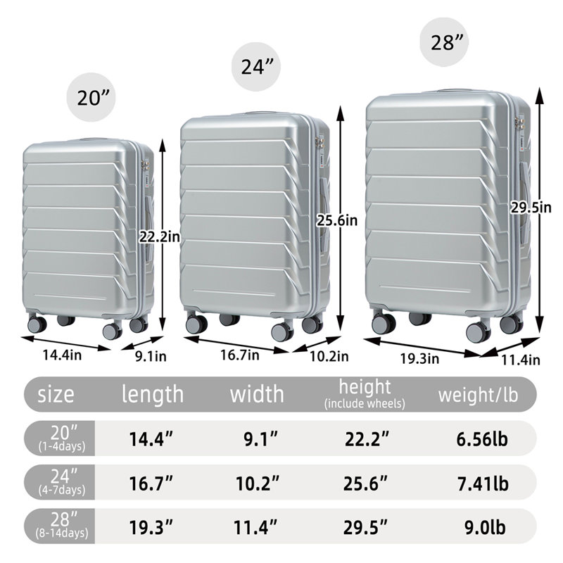 20 po / 24 po / 28 po 3 pièces / ensemble en valise à roulettes ABS, couleur assortie, avec serrure à combinaison, Argent