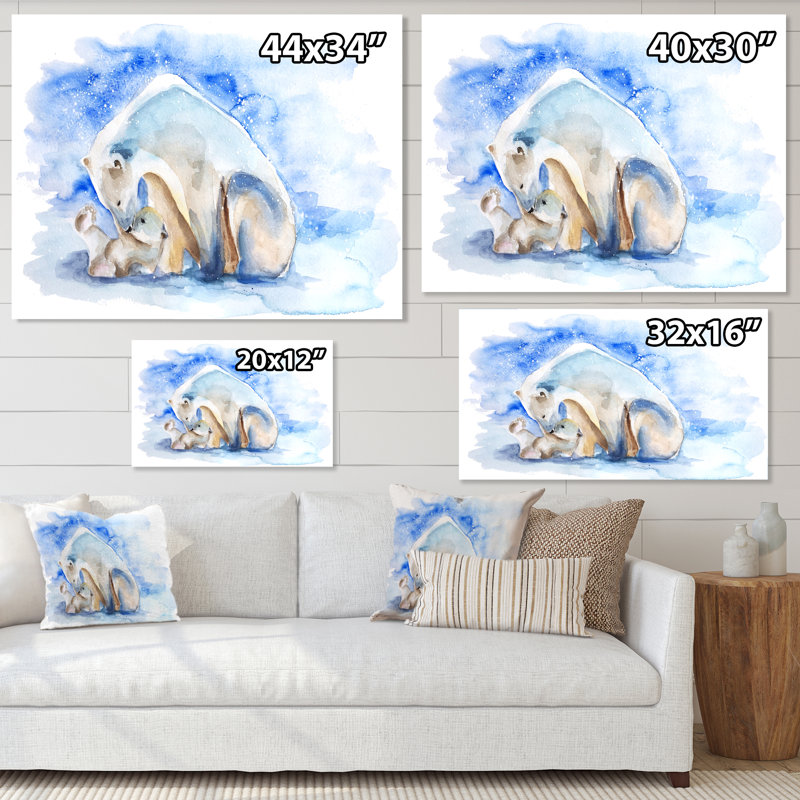 Ours polaire avec un ourson - peinture sur toile, H 12 po x l 20 po x P 1 po, Toile tendue