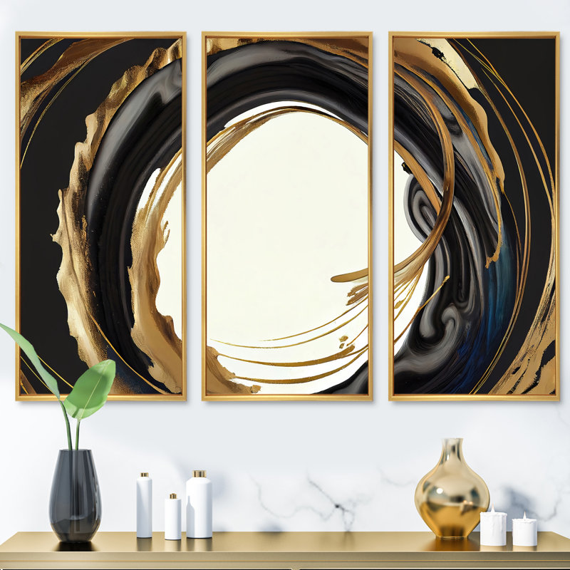 Cercle noir et or III - ensemble d'art mural moderne sur toile, Encadrement doré, H 32 po x l 48 po x P 1 po