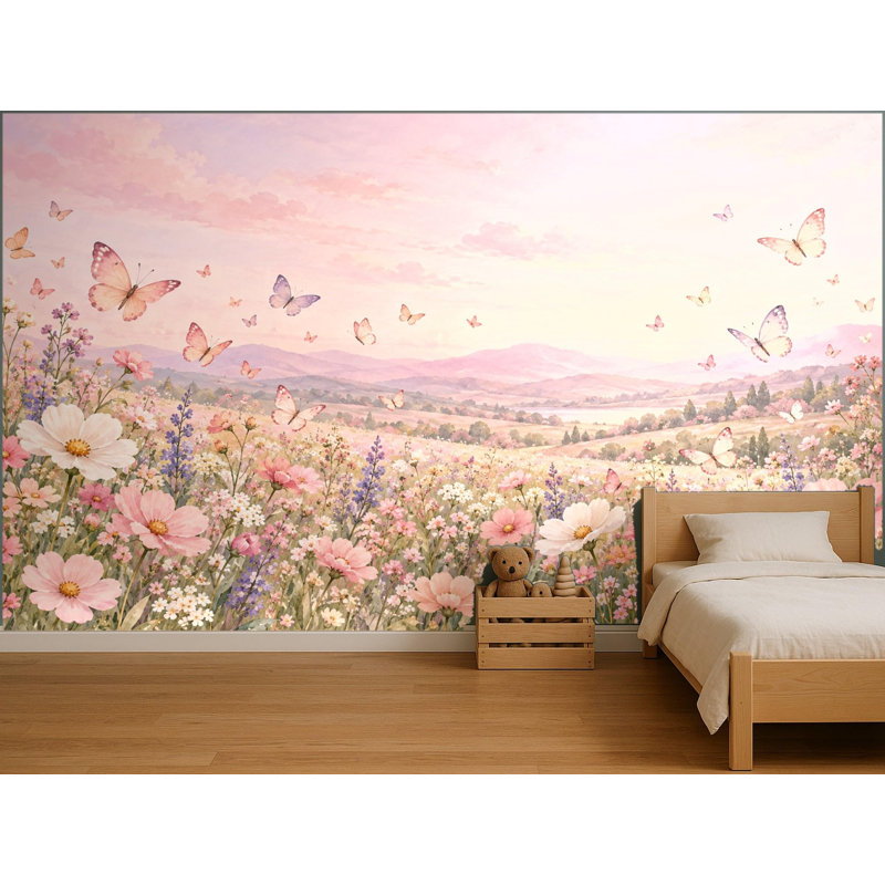 Pastel Butterfly Meadow Wallpaper Mural, Peel and Stick Kids Room Wall Mural, Watercolor Nursery Wallpaper Made to Measure