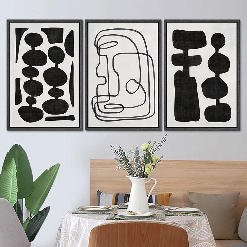 «Retro Mid-Century Boho Duotone Collage Abstract Shapes Illustration», ensemble de 3 peintures encadrées sur toile flottante