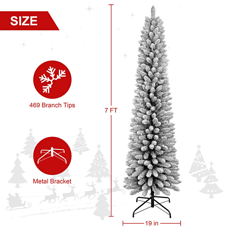 Arbre de Noël floqué en forme de crayon avec support en métal, 7', Non pré-éclairé