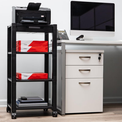 4-Tier Rolling Printer Cart With Adjustable Height, Lockable Wheels, And Cord Management - Sturdy Utility Stand For Office And Workspace Organization