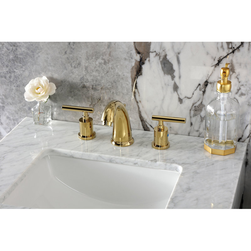 Kingston Brass Manhattan Two-Handle 3-Hole Deck Mount Widespread Bathroom Faucet with Retail Pop-Up Drain, Polished Brass