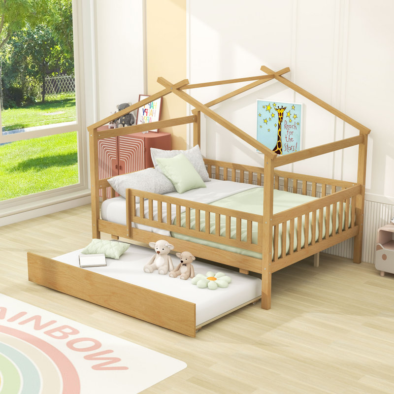 Full Wooden House Bed With Twin Trundle And Guardrails, Natural