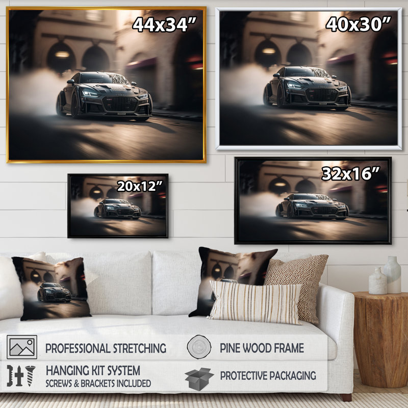 Futuriste voiture de sport noire II - reproduction sur toile, H 30 po x l 40 po x P 1,5 po, Toile à cadre flottant noir