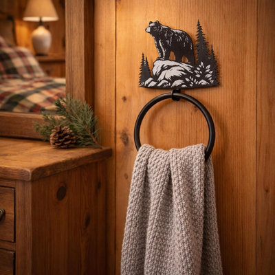 Anneau à serviette en métal fixé au mur avec silhouette d'ours noir, décor de chalet rustique noir mat