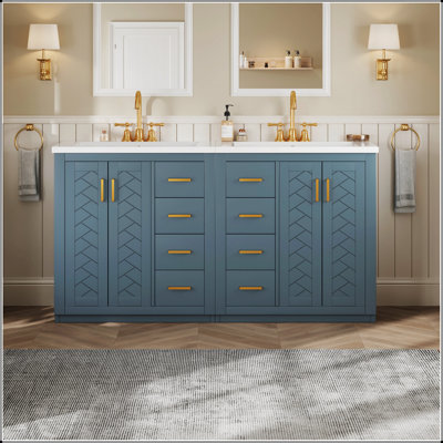 Ensemble de meuble-lavabo 60 po avec lavabo en céramique, structure en bois massif, armoire de rangement autoportante avec tiroirs et portes à fermeture douce