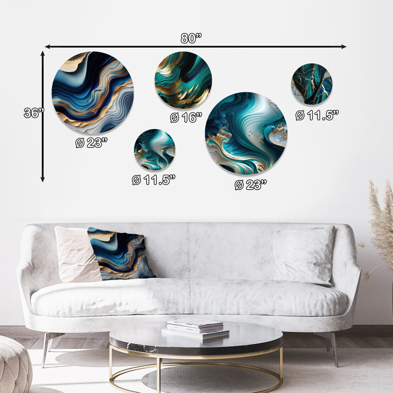 Blue and Gold Flow Art II - Ensemble de 5 décorations murales rondes en métal