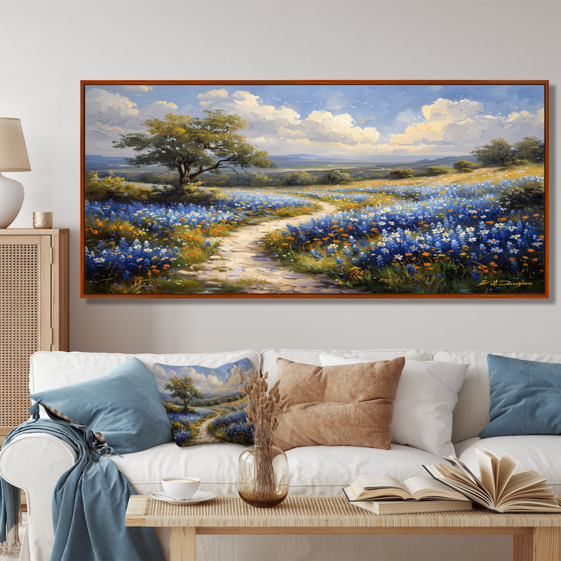«Blue Green Summer Meadow Charm Blue Bonnets III - Blue Bonnets», reproduction d'art, Toile avec cadre flottant brun