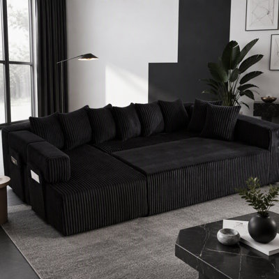 146" U Shaped Sectional sofa, 5 Seats Convertible Sleeper Couch& L-shaped ,8 Pillows, Free Combination,No Assembly, Oversized DIY sofa,Magazine bag,Corduroy,BLACK