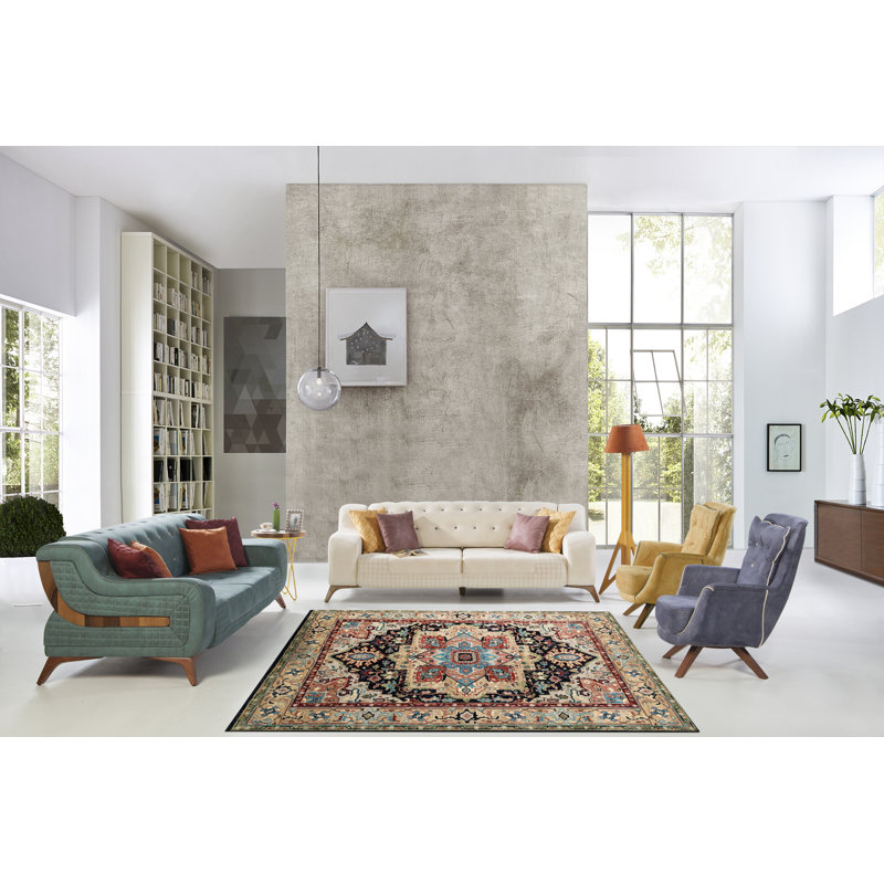 Traditional Gold & Navy 9' x 12' Hand-Knotted Wool Rug