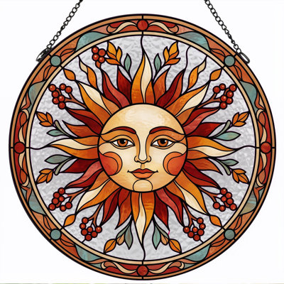 Sun Face Stained Glass Window Panel，7.8H