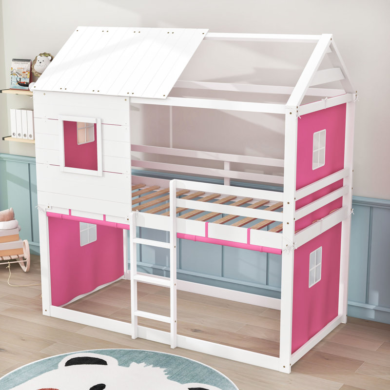 Lit superposé en bois avec toit, tente et garde-corps, Simple sur simple, Rose / blanc