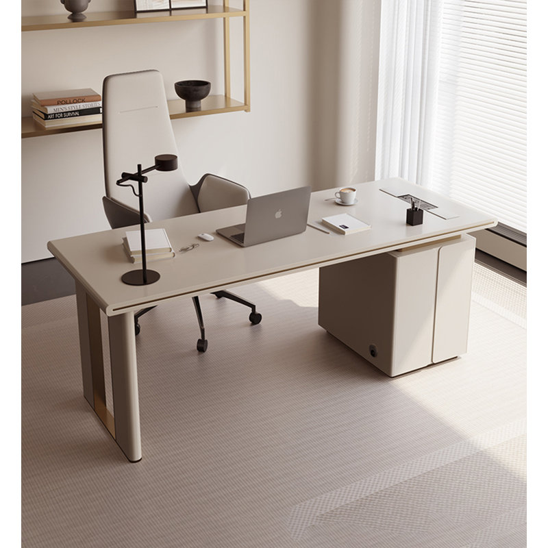 Bureau moderne crème avec trois tiroirs, 29.5" H x 70.9" W x 27.6" D