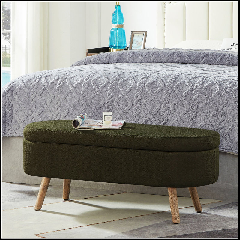 Luxury Oval Boucle Storage Ottoman Bench With Wood Legs, 350Lb Weight Capacity & Safety Hinge For Modern Interiors