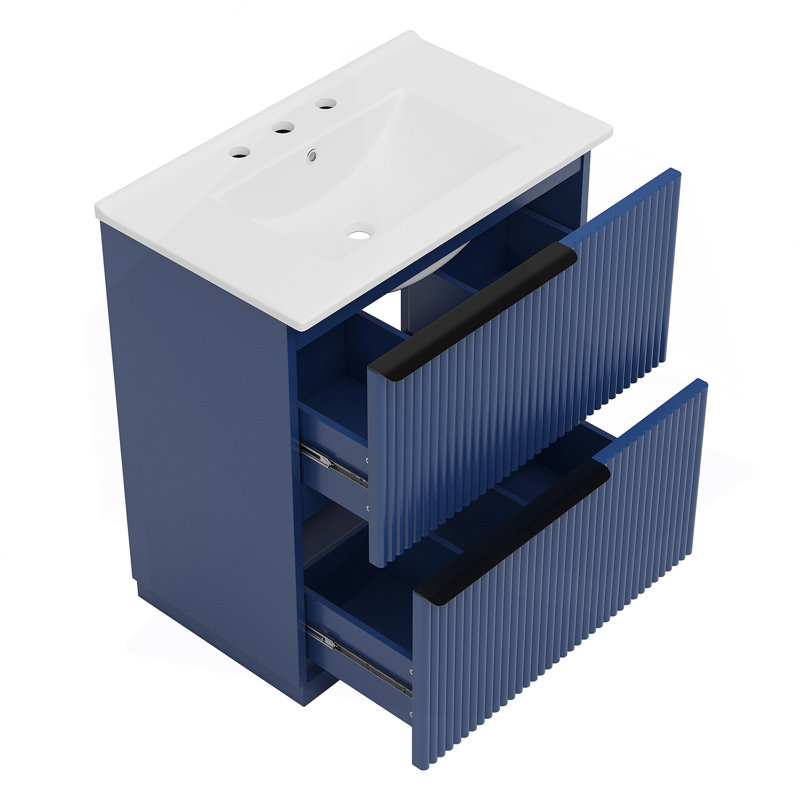 Meuble-lavabo autoportant avec lavabo en céramique et tiroirs pleine extension, glissières de tiroir à fermeture en douceur et conception cannelée pour une salle de bain moderne