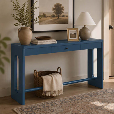Table d'entrée en bois 59,8 po avec placage de chêne, console rétro avec tiroir et poignée ronde, multifonctionnel pour les couloirs et les salons