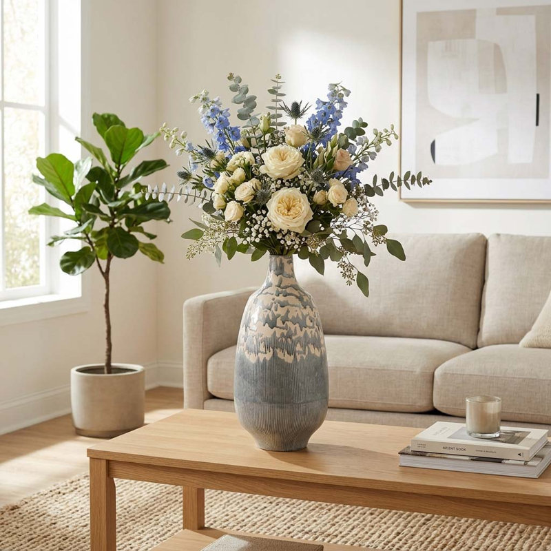 Decorative Round Glazed Earthenware Table Vase for Home Decor - Modern Tall Flower Vase Accent for Living Room or Entryway Display - Gray & Ivory