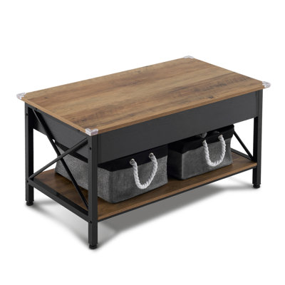 36.02in Adjustable Side X-Shaped Metal Frame Rectangular P2 Board Brown Panel Black Wood Grain Side Panel Coffee Table