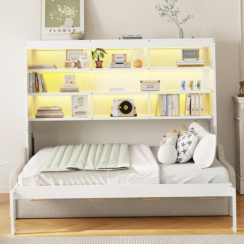 Lit escamotable avec canapé pliant, tablettes de rangement intégrées et lumière DEL Murphy, Double