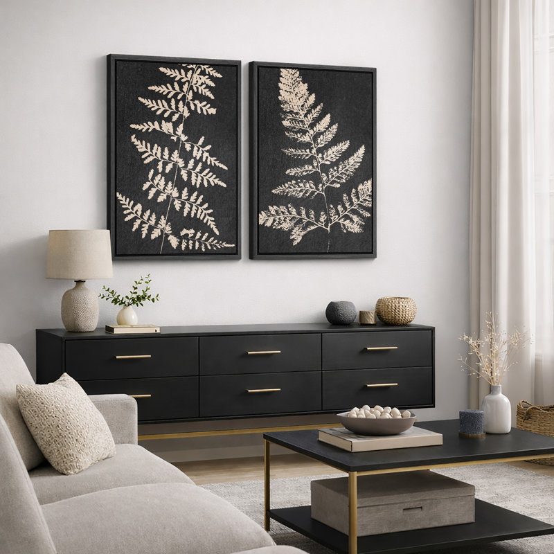 Minimal Botanical "Œuvre de fougère à feuilles gris foncé et brun clair, images murales rustiques modernes minimalistes neutres, ensemble de 2 impressions murales sur toile,"