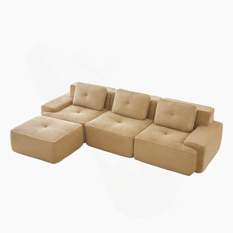 Canapé modulaire en forme de L de 117 pouces, tissu en velours côtelé, assise profonde, repose-pieds mobile, passepoil perlé, conception capitonnée, sans assemblage, base antidérapante