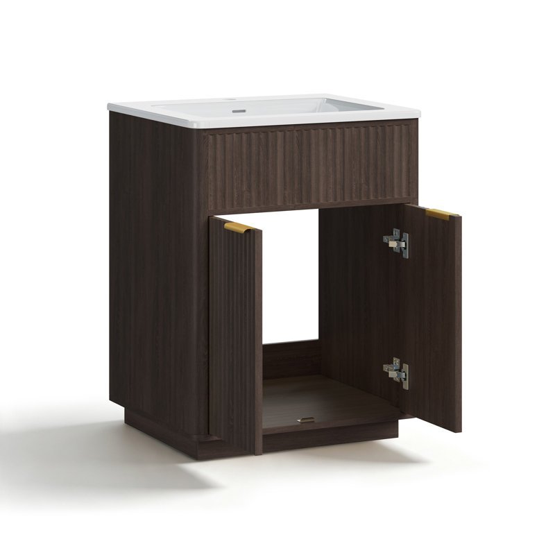 Meuble-lavabo sur pied de 61 cm (24 po) avec lavabo simple, portes cannelées et rangement, brun, Brun noyer, 24"