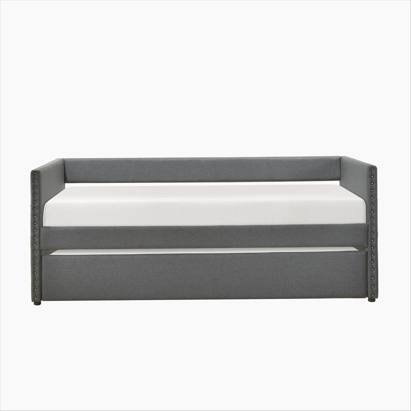 Modern Daybed Pull-out Trundle Side Pockets Dark Gray Upholstery Nailhead Trim Bedroom Living Room Furniture 1pc, Dark Gray