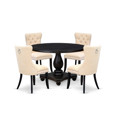 L'ensemble de salle à manger 5 pièces se compose d'une table en bois et de 4 chaises de salle à manger en tissu de lin beige clair avec dossier capitonné - Noir sablé