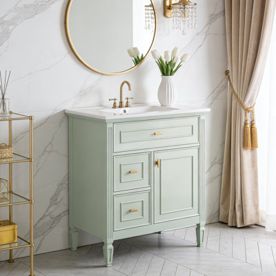 30-Inch Bathroom Vanity With Ceramic Sink,Solid Wood & Mdf Cabinet,Featuring 1 Flip Drawer,2 Drawers