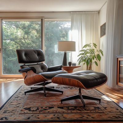 Chaise longue pivotante en cuir fleur et repose-pieds avec accoudoirs