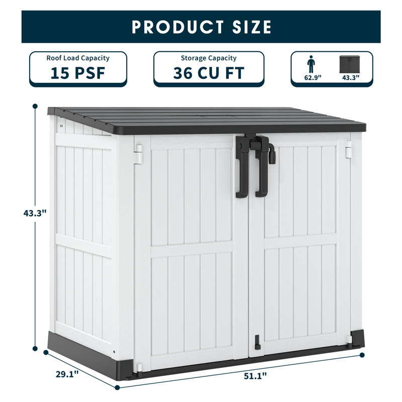 51.1''W Outdoor Resin Horizontal Storage Shed-280 Gallon, White/Black