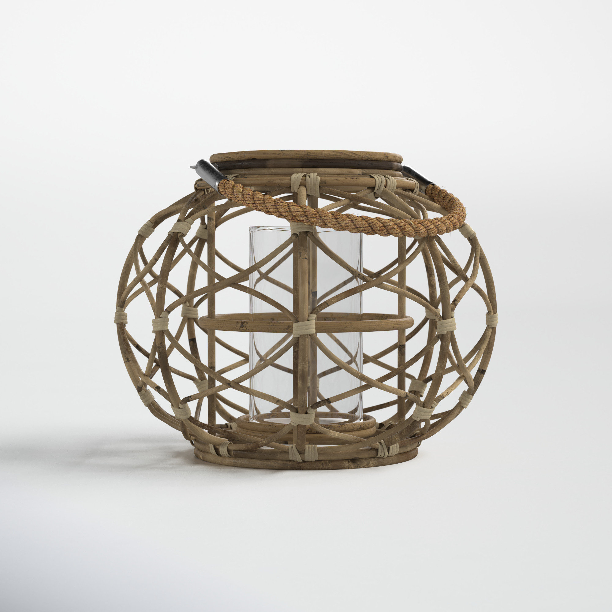 Round Rustic Woven Rattan Lantern, Brown, 10.5" H x 13" W x 13" D