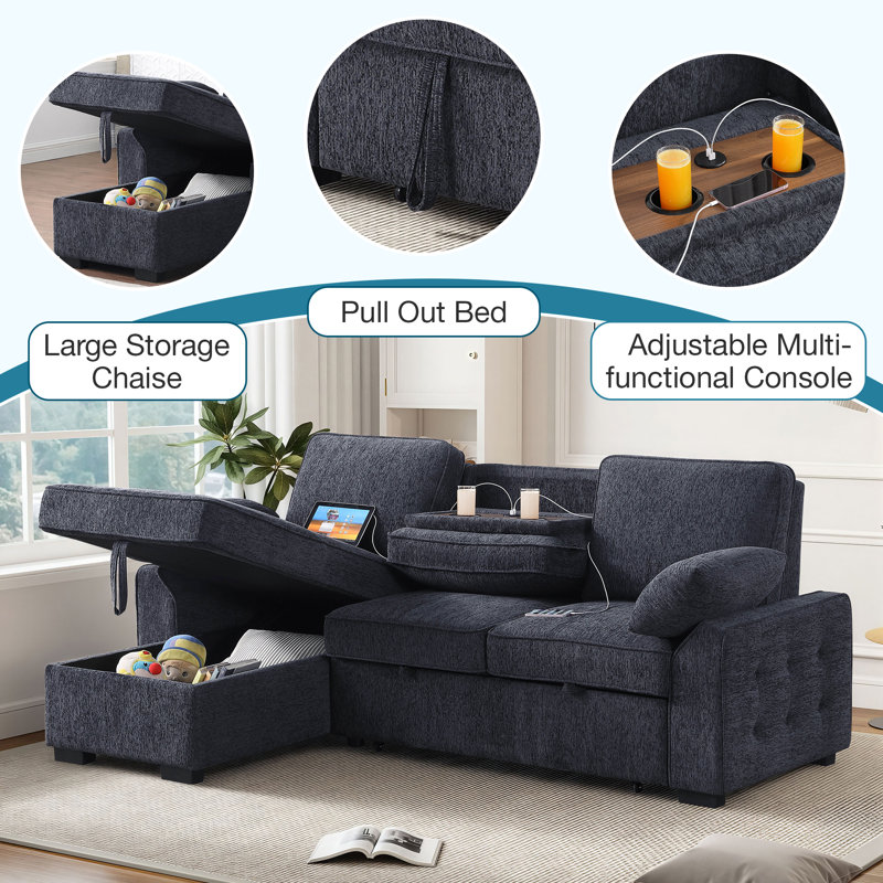 92" Wide Convertible Sofa Bed 2-In-1 Chenille Pull-Out Sleeper Couch With Flip-up Armrest Cup Holder & USB Ports & Reversible Storage Chaise for Living Room Apartment