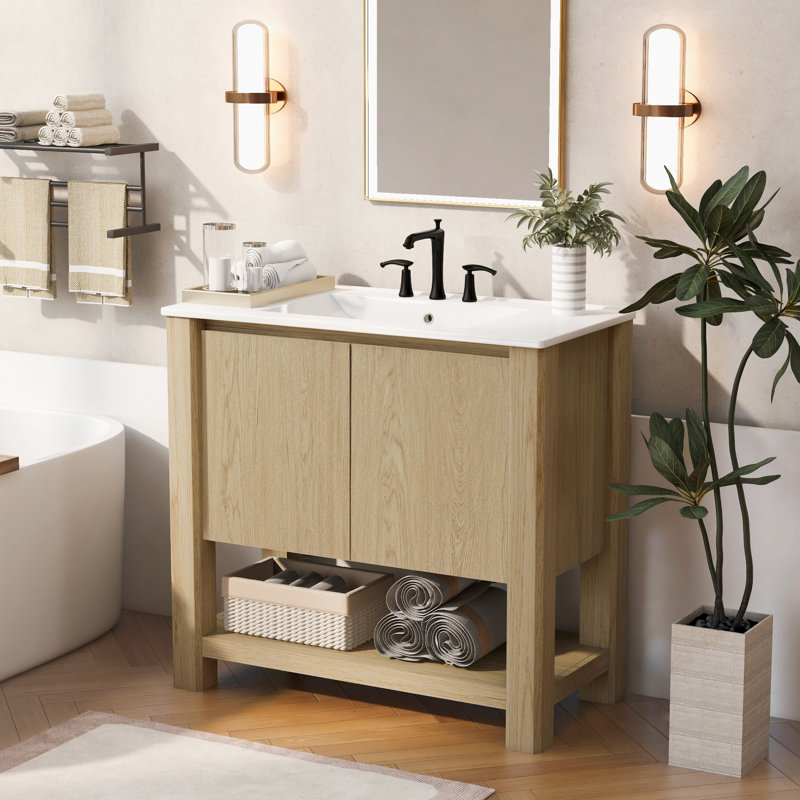 Meuble-lavabo moderne 35,5 po avec lavabo en céramique Stanley, Naturel