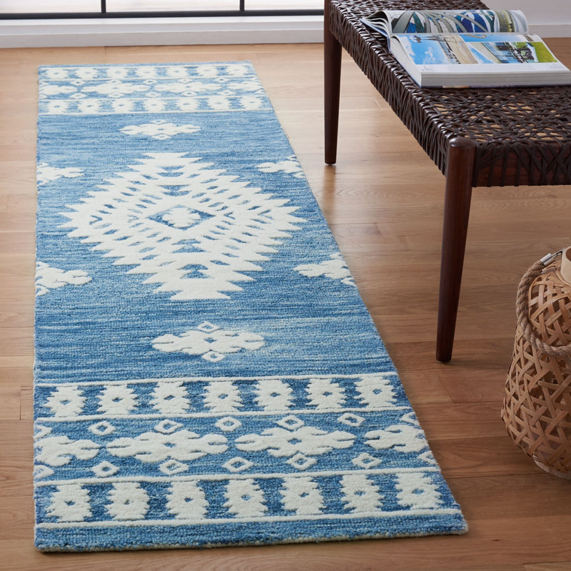 Hand Tufted Wool/Cotton Southwestern Rug in Blue, Runner 2'3" x 9'