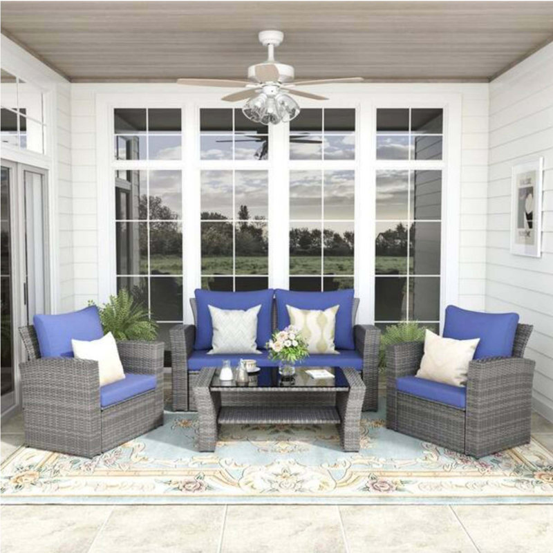 All-Weather Modular Outdoor Conversation Set with Tempered Glass Table, Blue