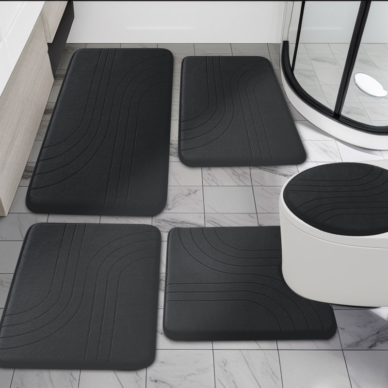 Ensemble de tapis de bain en mousse viscoélastique 5 pièces avec envers antidérapant et haute capacité d'absorption, Noir