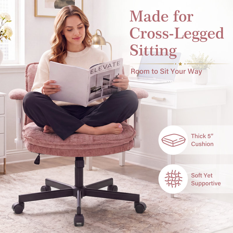 26" Wide Chenille  Criss Cross Office Chair with Wheels, Cross-Legged Desk Chair with Flip-Up Height Adjustable Arms, Lumbar Support, Swivel Vanity Chair for Home Office, Bedroom, Study, 350 lbs