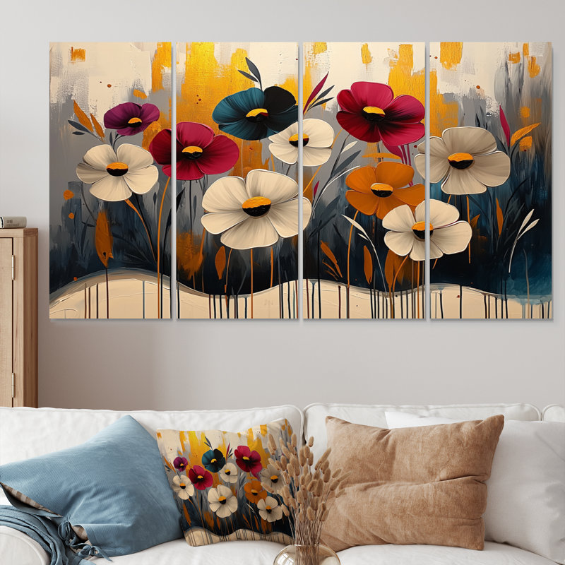 Fleurs rouges rouges et bleuet - Art mural de bleuet - Art mural traditionnel pour le salon, H 28 po x l 48 po, 4